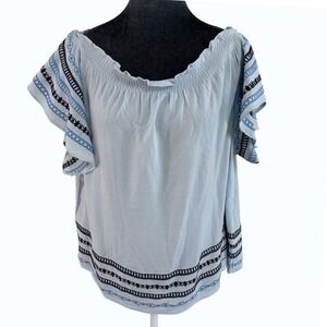 Very J Shabby Chic Boho Blue Embroidered Linen Blend Off Shoulder Top M NWT